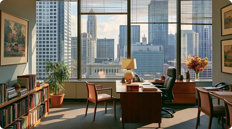 Professional office with wooden furniture, bookshelves, large windows, and city skyline view.