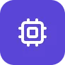 Icon of a white microchip on a solid purple circular background.