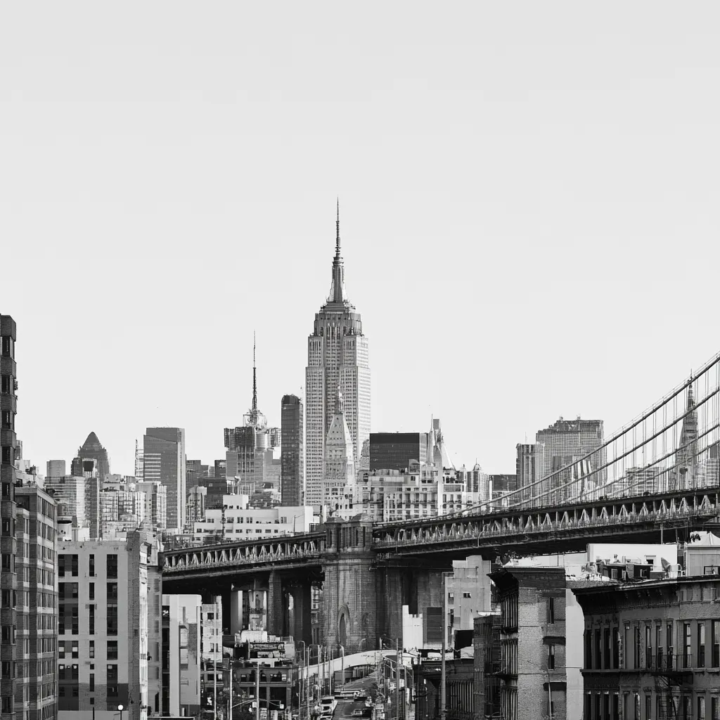 Black and white image of New York City skyline featuring Empire State Building and Brooklyn Bridge.