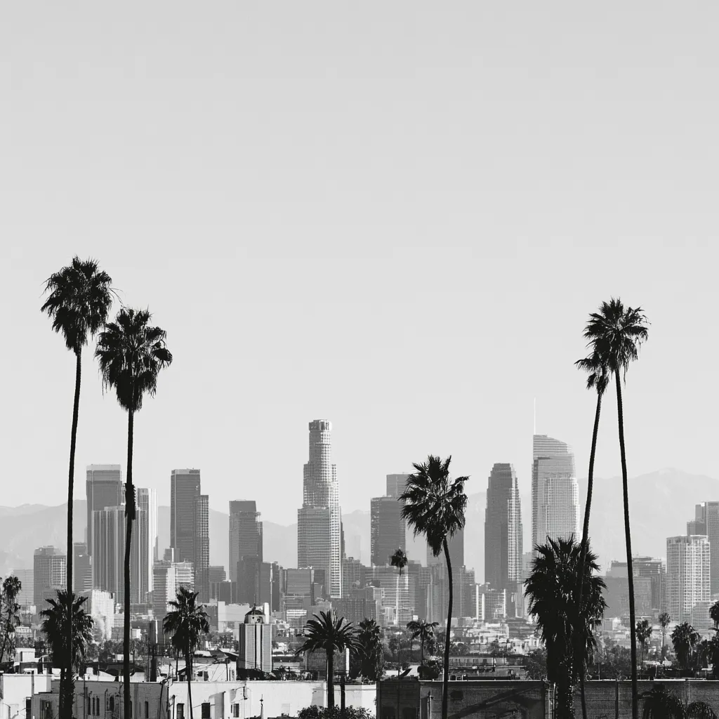 Black and white image of a city skyline with tall palm trees in the foreground.