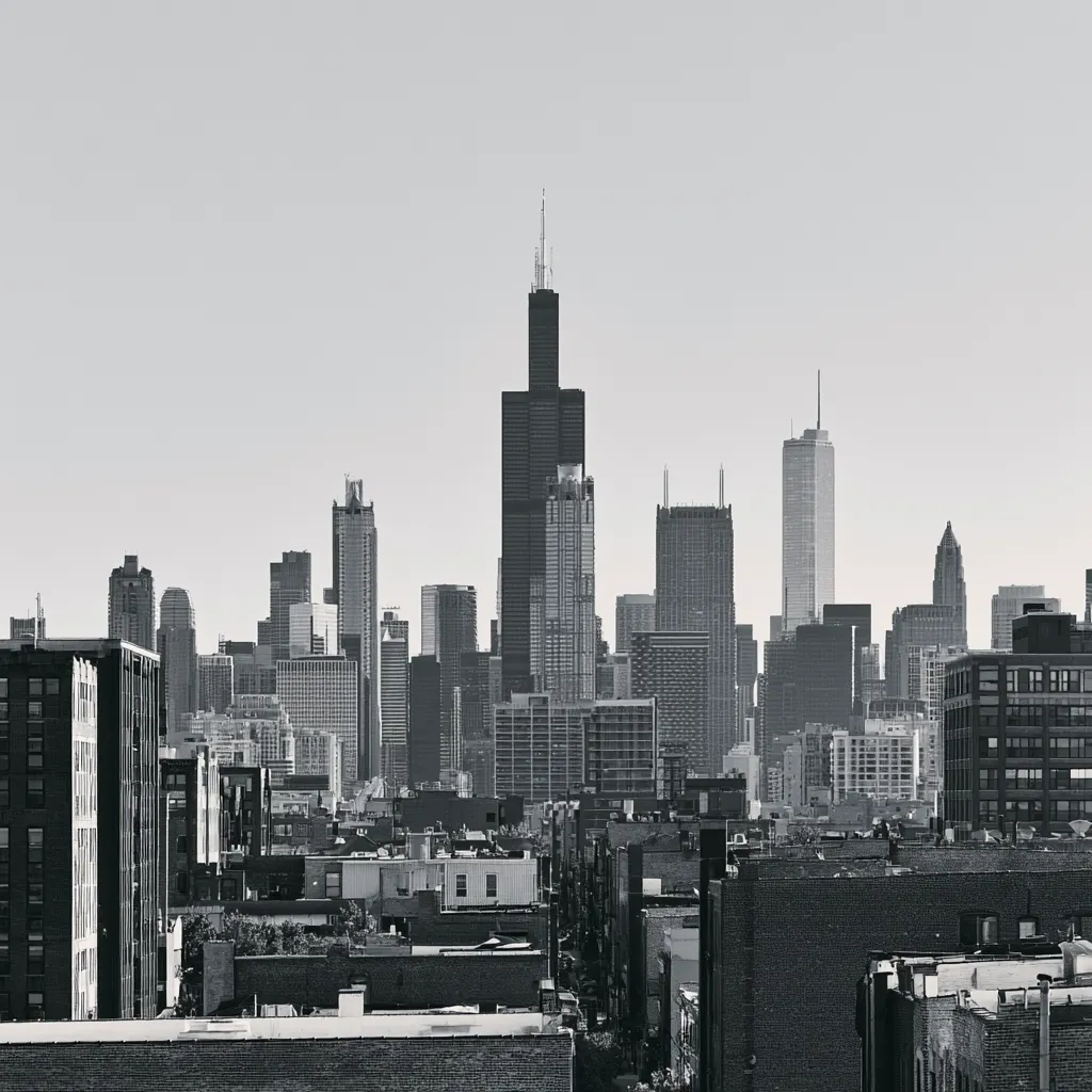 Black and white panoramic view of a city skyline with prominent skyscrapers and dense urban buildings.