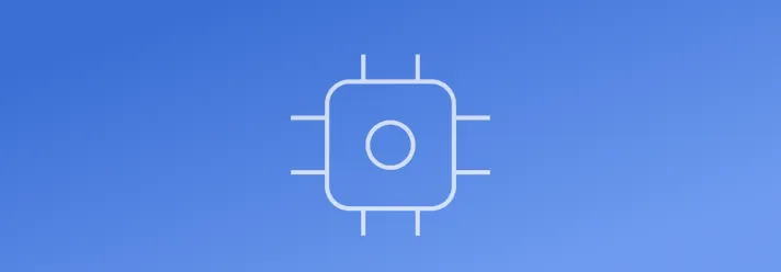 Minimalistic white microchip icon centered on a gradient blue background.